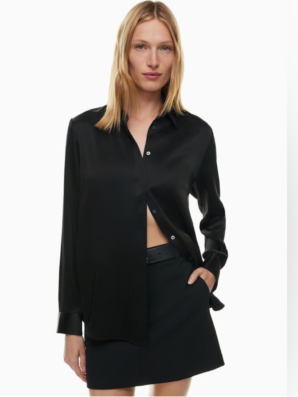Aritzia Babaton Prospect Satin Shirt Black Button Down Blouse Size Small